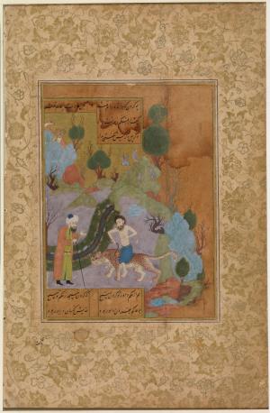 The pious man riding a panther, from the Garden (Bustan) of Sa'di. A man stares in astonishment to see someone riding through the landscape on a wild panther, holding a snake in one hand. Sa`di tells this anecdote about a particularly pious individual, who has achieved such willing submission to God, that all dangerous creatures have submitted willingly to him. Folio, ink, colours and gold on paper, later re-margined, Persian text in nasta`liq script, painting (with faces retouched?) on verso, from the Garden (Bustan) of Sa`di, folio detached from the codex (CBL Per 156) signed by Mir Shaykh Muhammad ibn Shaykh Ahmad, possibly Herat, Afghanistan, dated Shawwal 883H, January 
