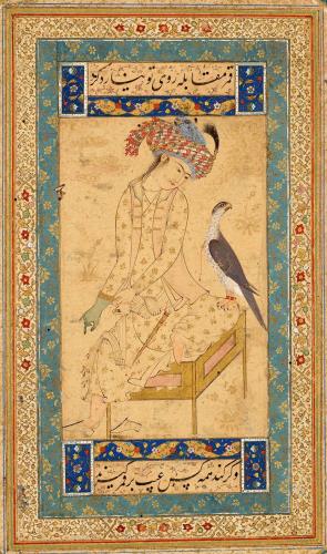 Youth Pulling on a Falconer's GlovePaintings of young nobleman with their falcons became especially popular during the late sixteenth century. Here a young nobleman, pulling on a leather falconer's glove, gazes at his pet falcon perched on his knee. An elaborate scarf is wrapped around his turban, and a knife hangs from his waist. The bird's red halsband is secured by a gold clasp and red leg bands with bells. This work is after Ḥabīb-Allāh al-Mashhadī, who worked at Ḥusain Shāmlū's court in Herat. - قمر مقابله با روی او نیارد کردو گر کند همه کس عیب بر قمر گیرند