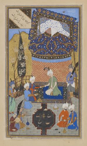 Folio from a Divan (collected poems) by Hafiz (d. 1390); recto: text: Poem of the contentment of heart and soul; verso: illustration and text, Prince entertained on a terrace - گل بی رخ یار خوش نباشدبی باده بهار خوش نباشد