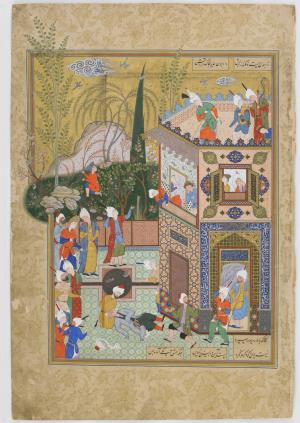 Folio from a Haft Awrang (Seven thrones) by Jami (d.1492); recto: the Fickle Old Lover is Knocked Off the Rooftop