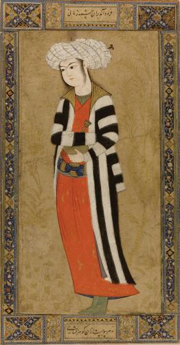 جوان با صراحی، اصفهان، در اوایل قرن 17 میلادی، گواش، آبرنگ، با طلا بر روی کاغذ، نقاشی: 18.5 در 9.3 سانتیمتر برگ: 22.3 در 11.8 سانتیمتر A YOUTH IN A STRIPED COAT, PERSIA, ISFAHAN, EARLY 17TH CENTURY Gouache heightened with gold on paper, depicting a beturbaned youth standing in a striped robe, holding a tall-necked bottle, surrounded by tall leafy shrubs in gold, laid down on card with applied borders decorated with polychrome scrolling flowers, inscriptions above and below painting: 18.5 by 9.3cm. leaf: 22.3 by 11.8cm. - فرود آمد بر آن چشمه زمانی - ز هر سو جست از آن گوهر نشانی