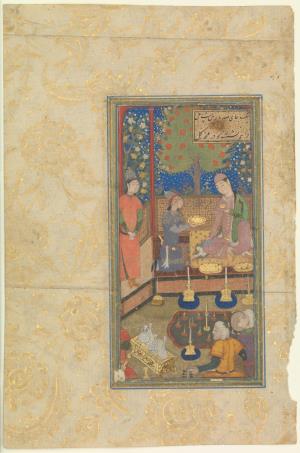 A prince in a pavilion by night, from an Anthology (Majmu`a) of Persian poetry. A young prince sits holding a wine cup in a red pavilion at night, in a dark garden of flowering trees. Servants stand in attendance, offer him wine, and play music, while light is provided by a row of tall candles and by small oil lamps floating in the pool. Folio, ink, colours and gold on paper, re-mounted in gold-painted cream borders, Persian text in nasta`liq script, with painting (on recto), from the Book of Separation (Firaq-nama) by Salman Savaji (d. 1378) composed for Jalayirid Sultan Uvays, detached from codex (Per 149), anthology dedicated to Timurid prince Abu Sa`id (r. 1452-67), decorated borders added later by order of Shaybanid ruler `Abd al-Aziz (r. 1540-1549), Herat, Afghanistan, c. 1451-1469, with borders added Bukhara, Uzbekistan, c. - به یک جای صد نازنین مست ملفراهم نشسته چو در غنچه گل 