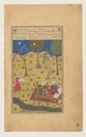 The poet with his friends in the orchard at night, from Prince Baysunghur's Rose Garden (Gulistan) by Sa`di