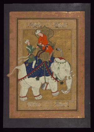 دو بیت از بوستان سعدی بر نقاشی سبک مغول از دو مرد فیل سوار مربوط به قرن یازدهم هجری » تصویر 1